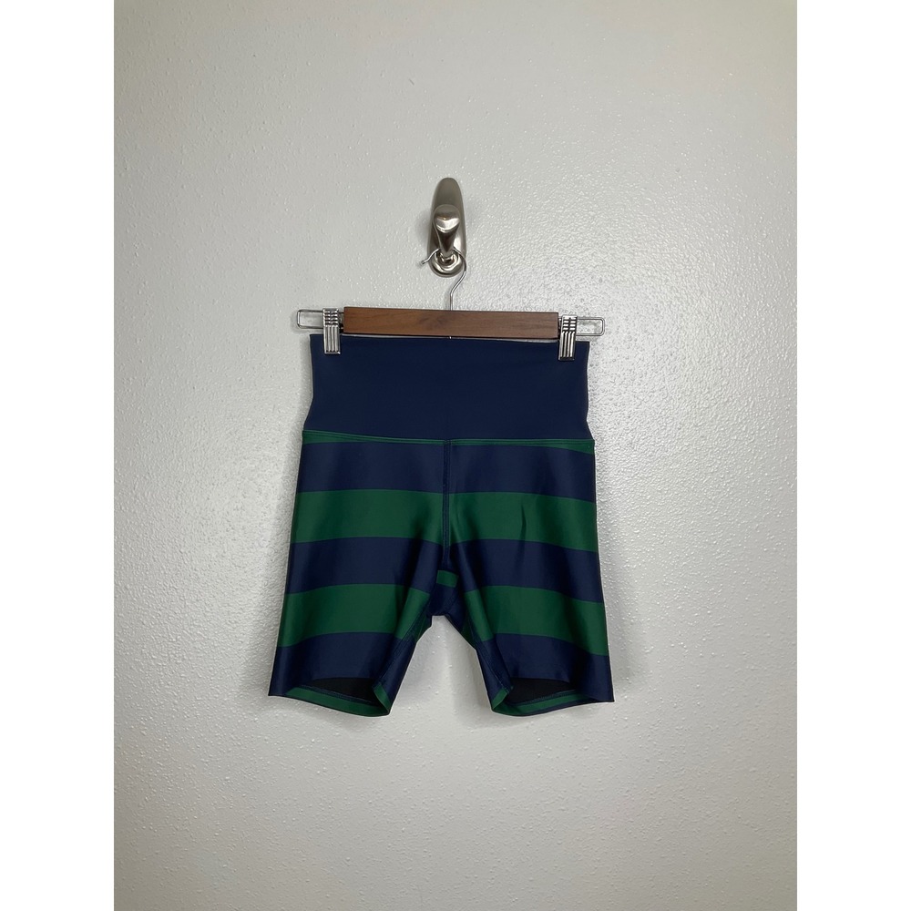 Beach Riot Sport Navy Green Striped Bike Shorts High Waisted Small Made in USA